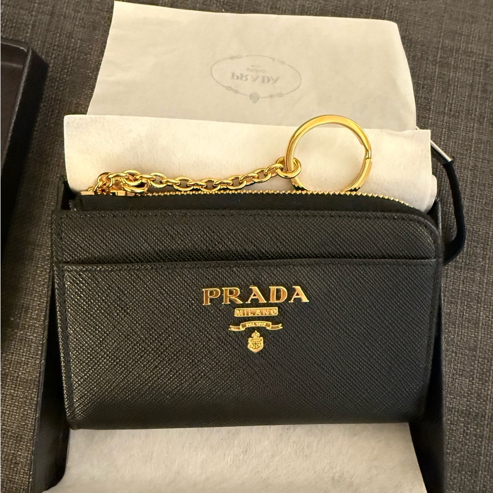 Prada Black Saffiano Leather Wallet with Gold Chain
